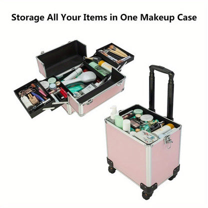 Four-Section Rolling Makeup Train Case with Removable Stack, Telescoping Handle and Four Color Finishes