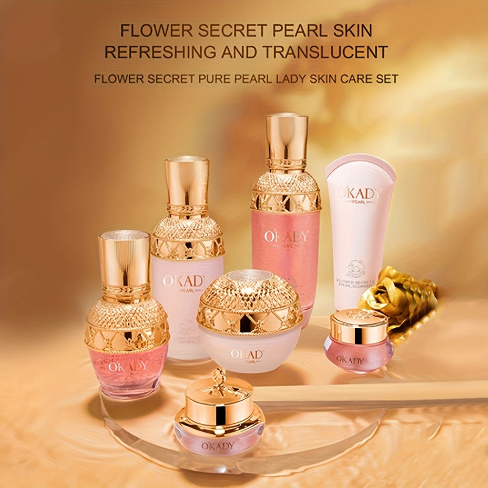 7-Piece Pearl-Themed Skincare Gift Set with Coordinated Facial-Care Bottles and Jars in a Fitted Box