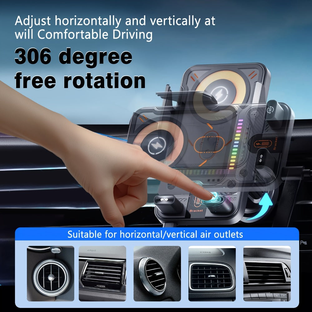 Car Wireless Charger 15W Auto-Align Smart Sensor FOD Detection Auto-Sensing Infrared Clamp 4mm Case Friendly Rotating Air Vent Mount for iPhone 17 16 15 14 Pro Max, Samsung Galaxy S24 S23 & All Qi Devices – Wired Backup Included