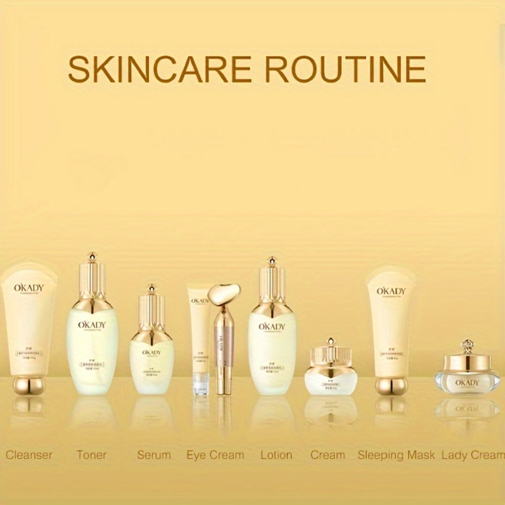 Skincare Set with OKADY Label, 9 Ginseng Products Including Cleanser Toner Essence Serum and Creams