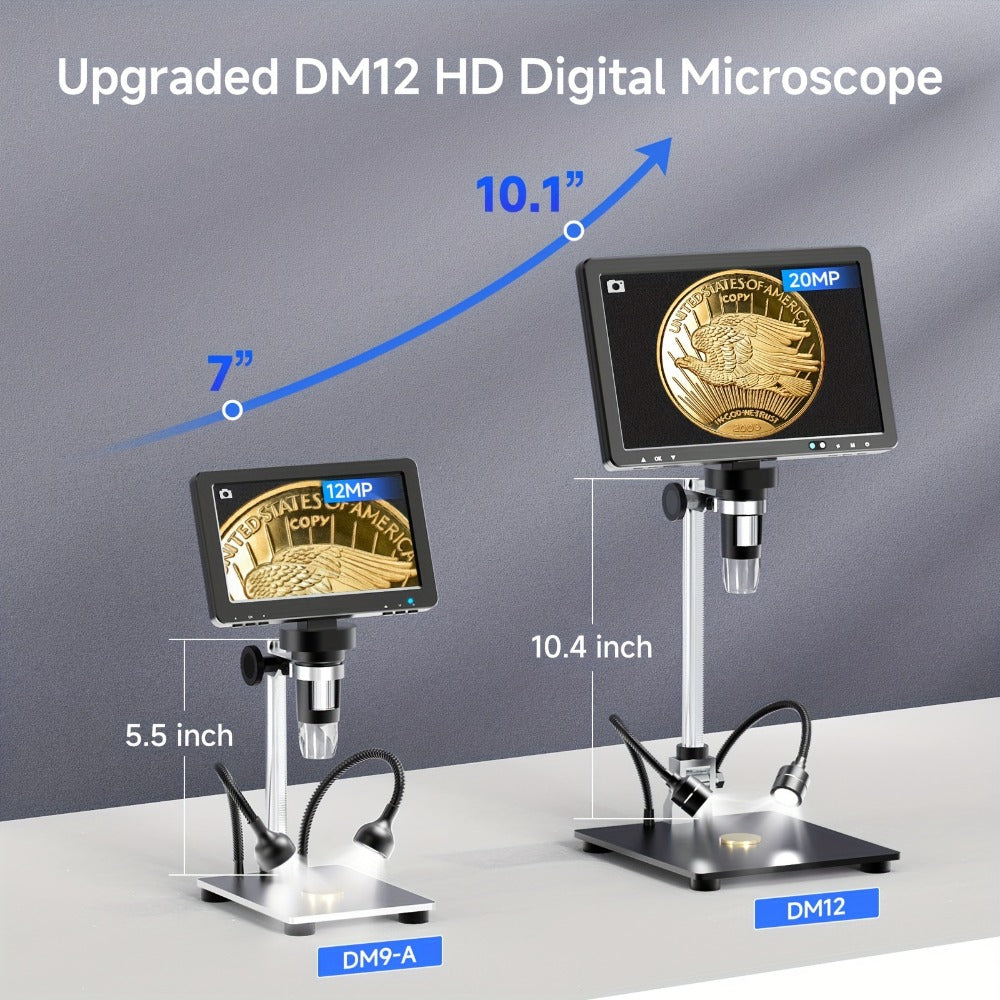 DM12 10.1-Inch IPS Digital Microscope with Dual Side Lights and Extended Stand for Coin and Circuit Board Inspection