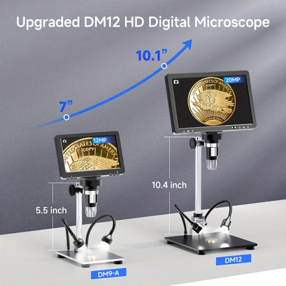 DM12 10.1-Inch IPS Digital Microscope with Dual Side Lights and Extended Stand for Coin and Circuit Board Inspection
