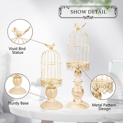 Birdcage Candle Holder Set of Two with Metal Pedestal Bases, Bird Finials, 30cm and 38cm Heights in Black or White