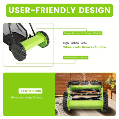 Manual Reel Lawn Mower 5-Blade Push Mower 11.8-Inch Cutting Width Adjustable Height 0.47"-1.77" with 6-Gallon Grass Catcher & Durable Steel Wheels for Residential Lawn