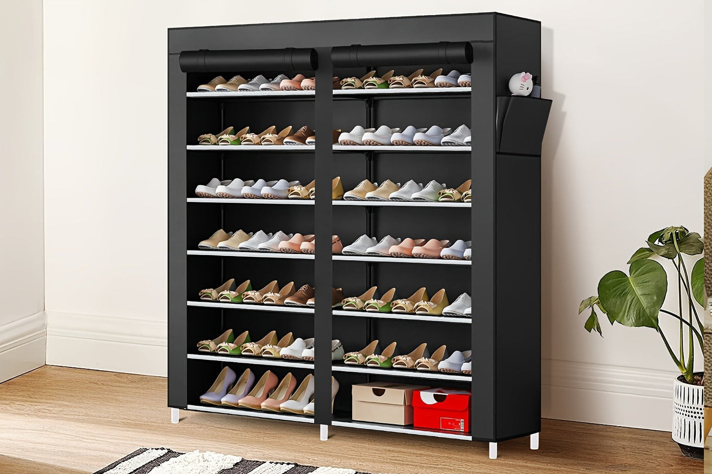 Shoe Rack 9-Tier Portable Double-Row Organizer for Up to 42 Pairs with Black Nonwoven Fabric Cover