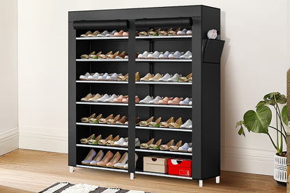 Shoe Rack 9-Tier Portable Double-Row Organizer for Up to 42 Pairs with Black Nonwoven Fabric Cover