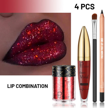 Metallic Glitter Lip Kit 4-Piece – Sparkling Lip Liner, High-Shine Lip Gloss, Chunky Glitter & Lip Brush Combo for Party, Festival, Rave & Holiday Makeup, Gift for Women