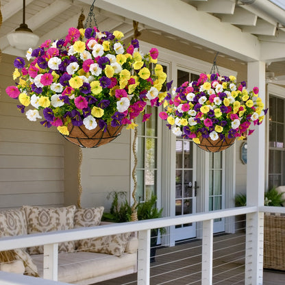 Artificial Flowers Hanging Petunia Arrangement with Included Planter Container and Six Color Options