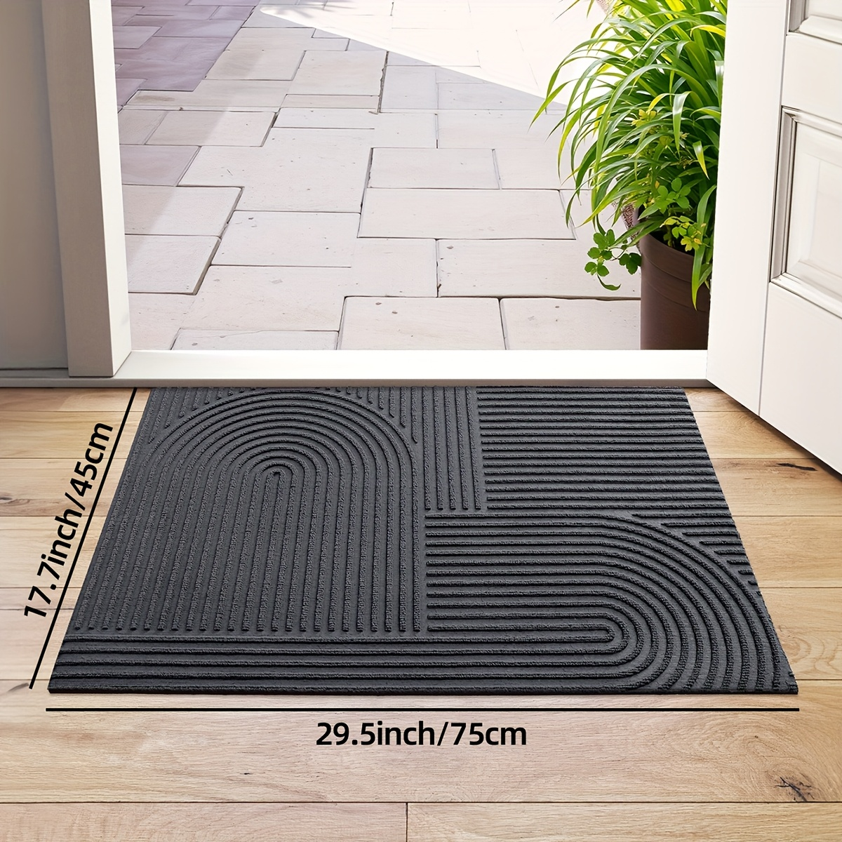 Time Arc Door Mat with Geometric Groove Pattern in Black, Gray or Brown and Two Rectangular Sizes