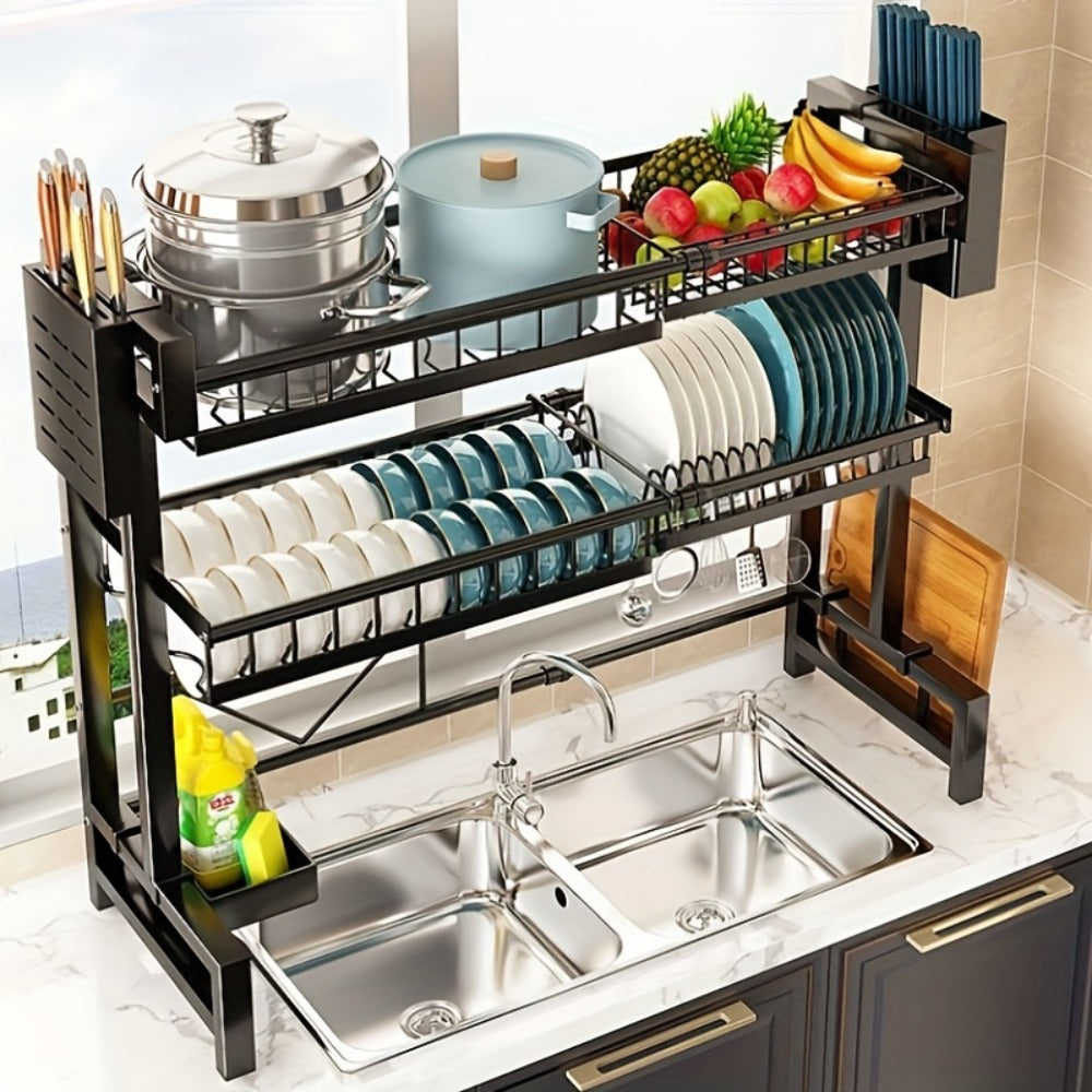 Expandable Over-Sink Dish Drying Rack with Single- or Double-Layer Black Frame and Adjustable Width