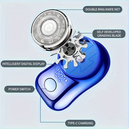 Compact Black Dual-Ring Rotary Electric Razor with Digital Battery Display, USB Cable and Travel-Size Body