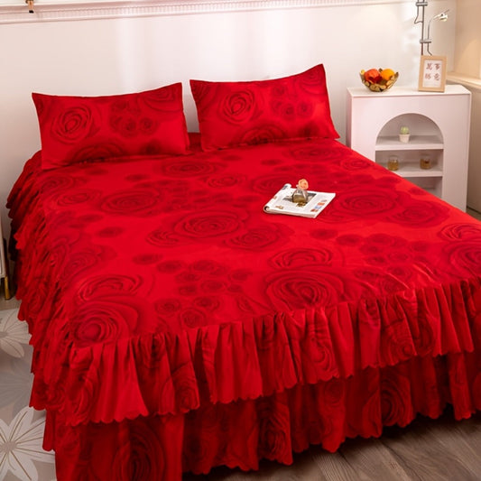 Floral Bed Skirt Set 3-Piece – 1 Ruffled Dust Ruffle Bed Skirt + 2 Pillowcases | Peony & Botanical Print | Double-Layer Hem | Machine Washable Polyester Bedding | 150, 180 & 200cm