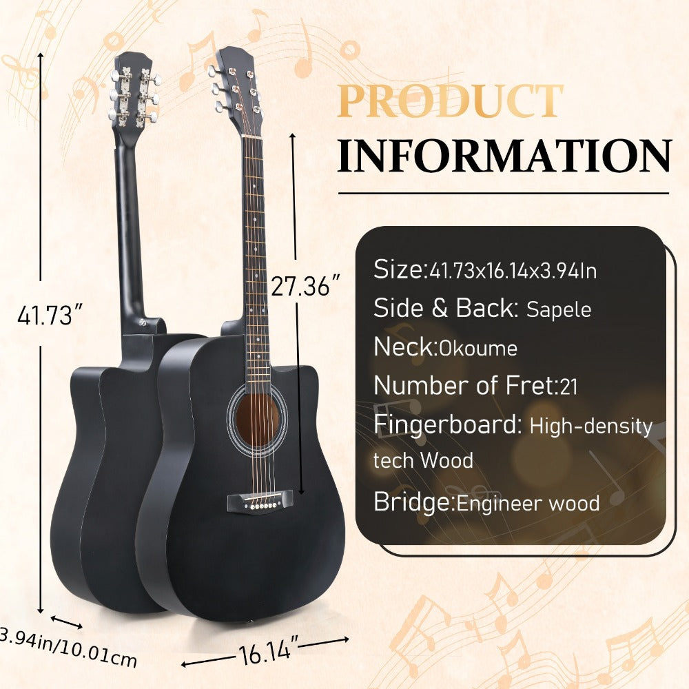 Acoustic Guitar, Black, Full Size, 41-inch, Basswood, Cutaway for Lessons and Practice detail image - detail view 6