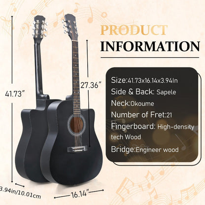 Acoustic Guitar, Black, Full Size, 41-inch, Basswood, Cutaway for Lessons and Practice detail image - detail view 6