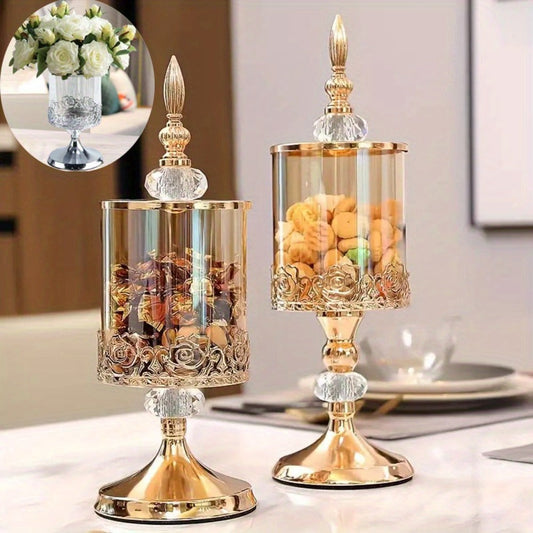Vintage Glass Candy Jar with Lid – European Style Decorative Vase & Metal Art Storage Container for Living Room, Coffee Table & Desktop Decor