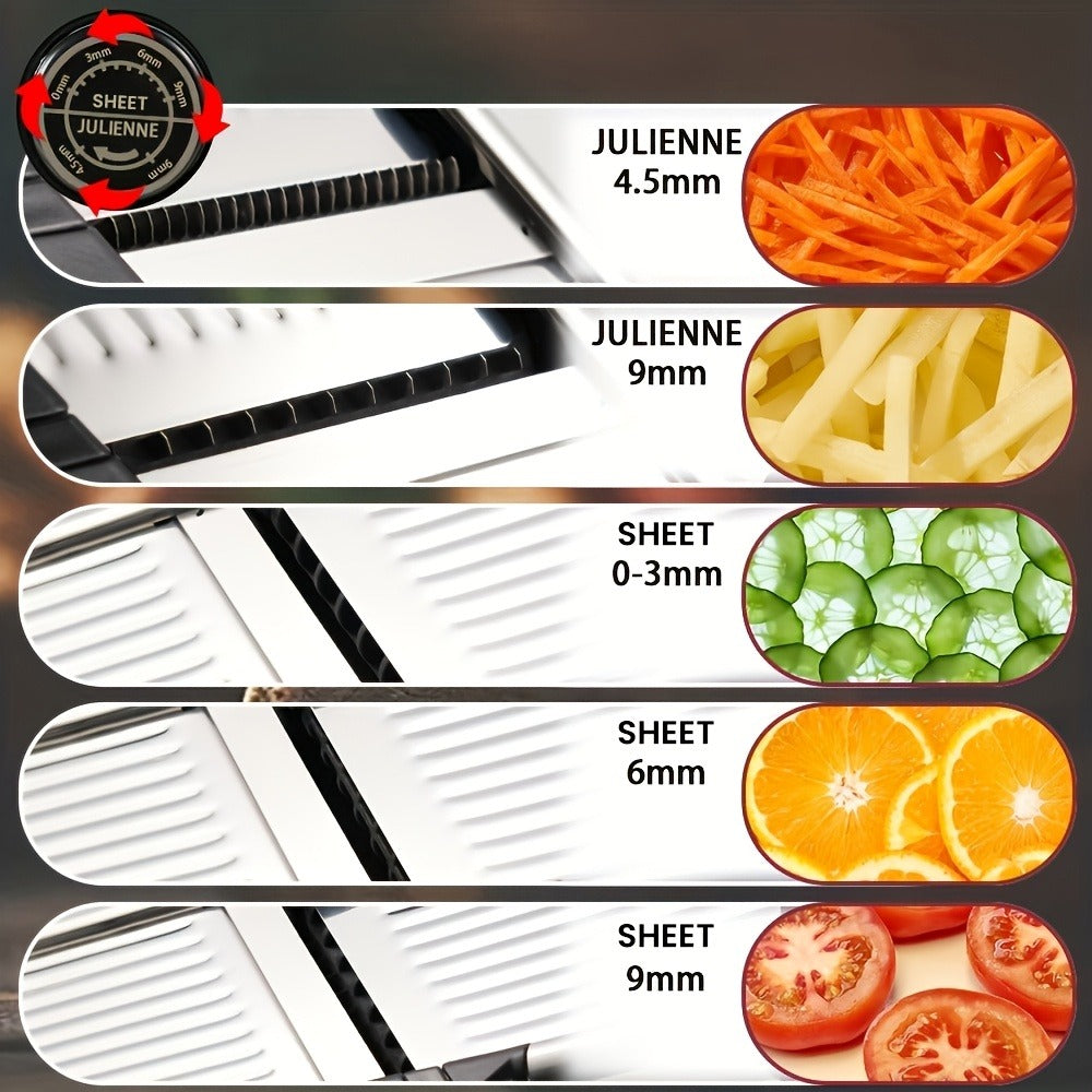 Adjustable Mandoline Slicer with Five Thickness Settings, Hand Guard and Optional Protective Gloves
