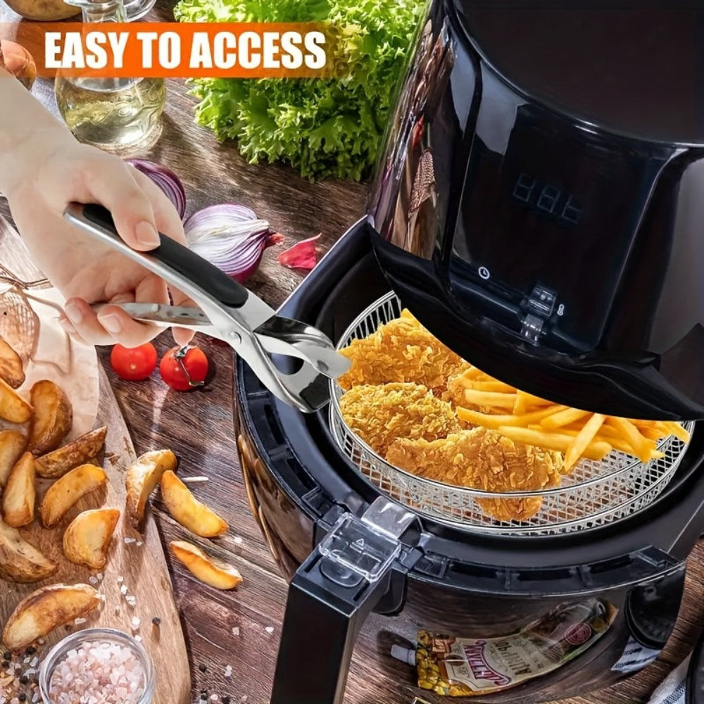 Ten-Piece Round Air Fryer Rack Set with Three Stackable Trays, Two Handling Tools and Five Grips