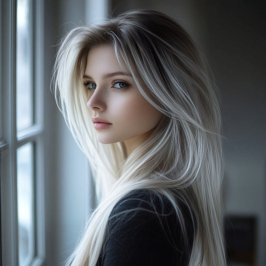 Synthetic Wig 26-Inch Milky White Ombre Straight Style with A-Line Bangs and Glue-Free Cap