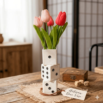 Ceramic Dice-Shaped Decorative Vase in White with Stacked Cube Form and Pips for Dried Flower Displays