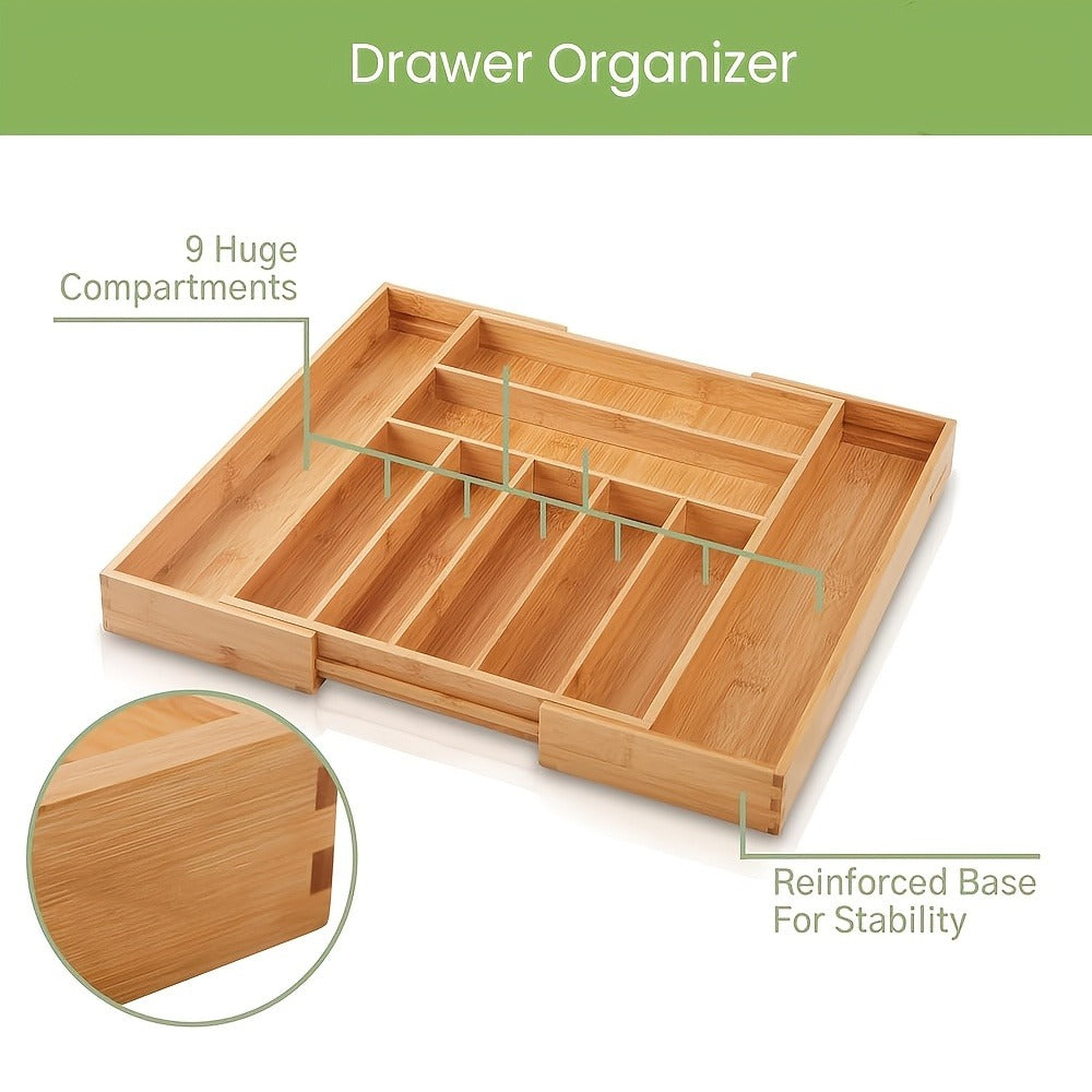 Expandable Bamboo Drawer Organizer with Nine Compartments for Flatware, Utensils and Desk Supplies