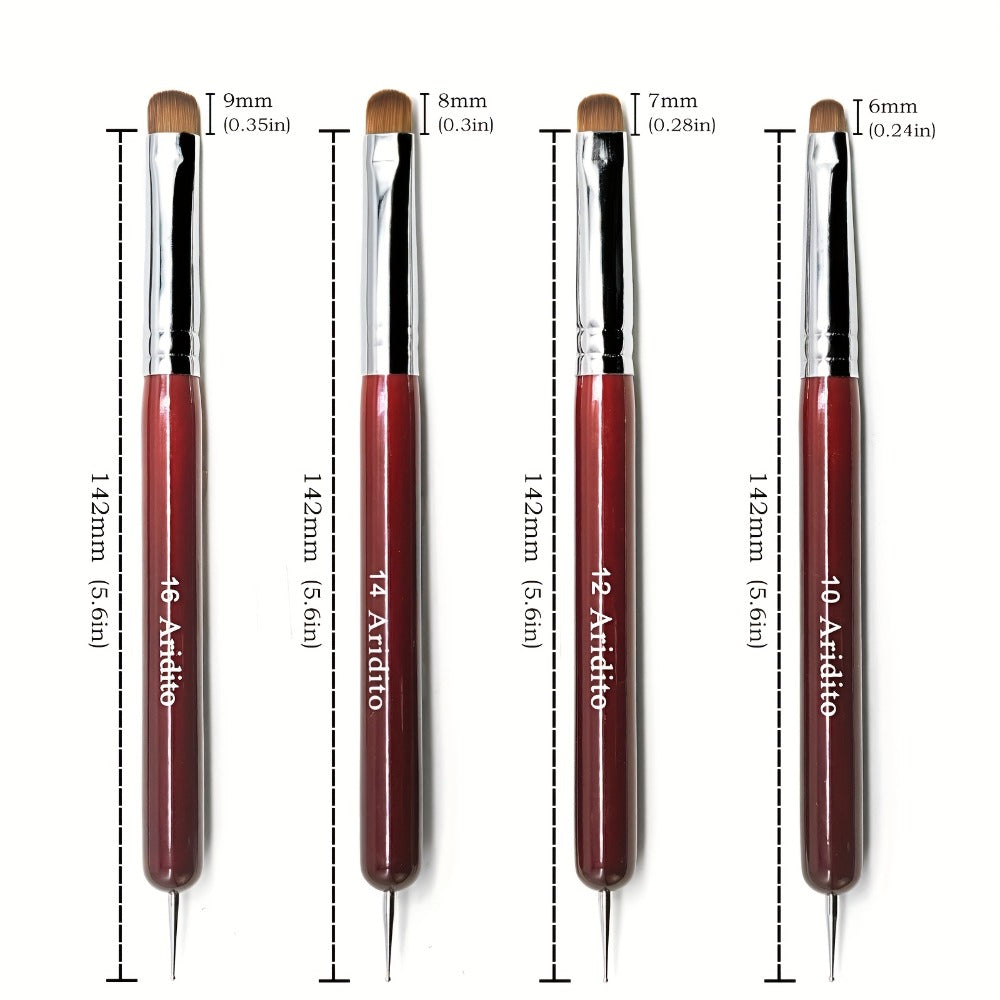 Acrylic Nail Art Brushes Set 4pcs with Dotting Pens - Red Wood Handle Precision Tips #10 #12 #14 #16 for French Manicure Nail Sculpting Cuticle Care Home Salon Women