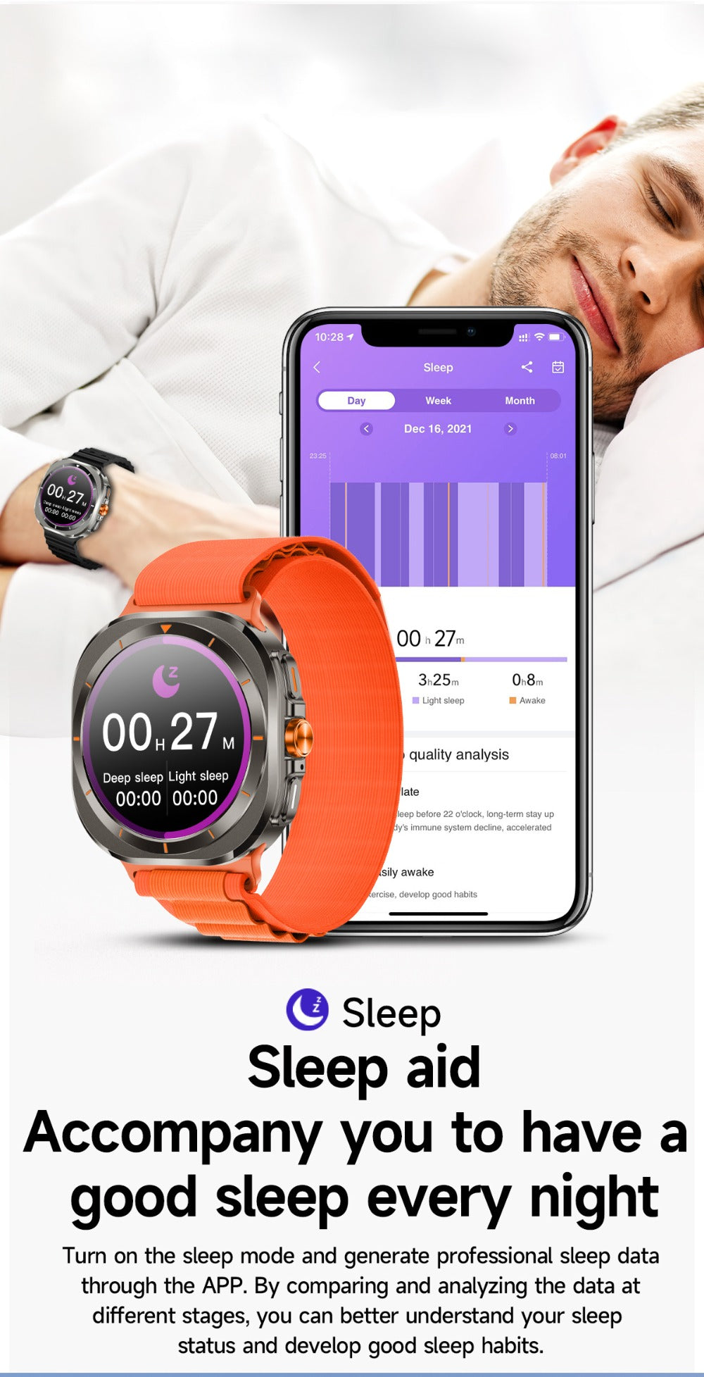 Smart Watch Round Display with Wireless Calling, Custom Faces and Orange, Black, White or Blue Band