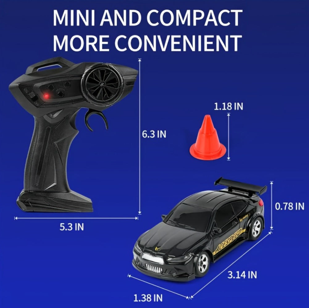 Mini RC Drift Sports Car 1:64 Scale with 4WD Layout, LED Details, Remote Controller and Two Color Options