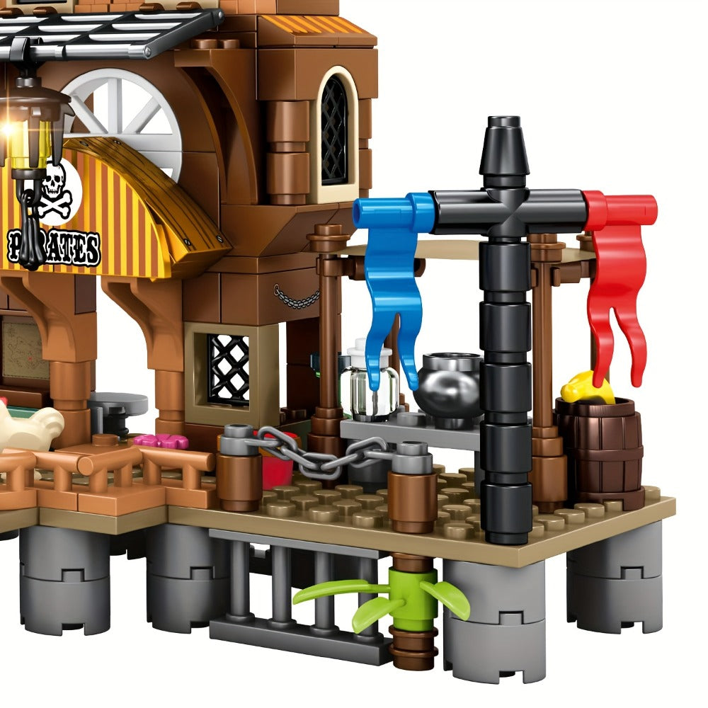 Pirate Wharf Building Blocks Set with 573-Piece Source Record, Model 1547, Boat, Dock and Multi-Level Supply Center