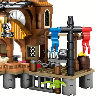 Pirate Wharf Building Blocks Set with 573-Piece Source Record, Model 1547, Boat, Dock and Multi-Level Supply Center