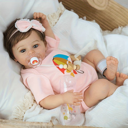 Reborn Doll, Soft-Body Sleeping Figure with Hand-Painted Details, Purple Bows and Floral Outfit