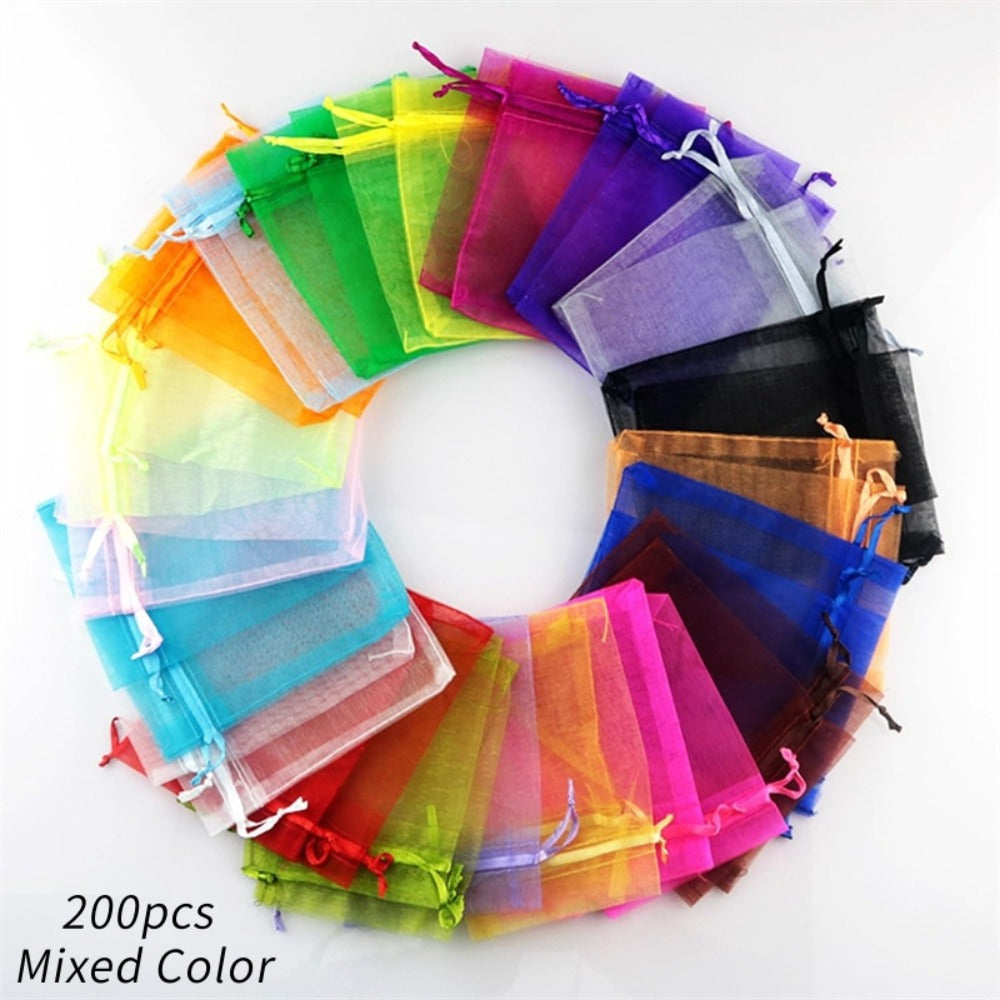 Organza Drawstring Gift Bags, 200-Piece Mixed-Color Set in 2.76 x 3.54 or 3.94 x 5.90 Inch Sizes for Favors and Jewelry