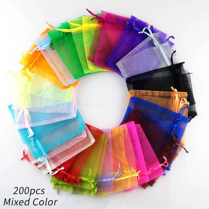 Organza Drawstring Gift Bags, 200-Piece Mixed-Color Set in 2.76 x 3.54 or 3.94 x 5.90 Inch Sizes for Favors and Jewelry