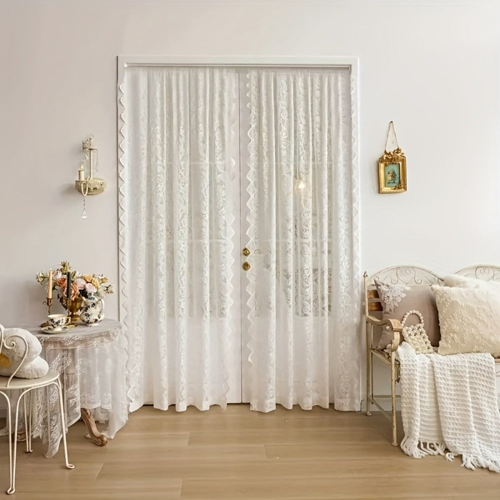 Floral Phoenix-Tail Lace Curtain Panel with Rod-Pocket Header, Three Colors and Four Length Options