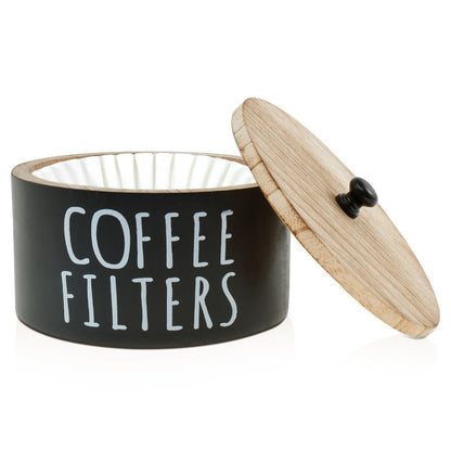 Wooden Coffee Filter Holder with Lid – Large Capacity Rustic Round Organizer Dispenser for Coffee Filters & Tea Bags, Bamboo Lid, Kitchen Countertop Coffee Bar Decor