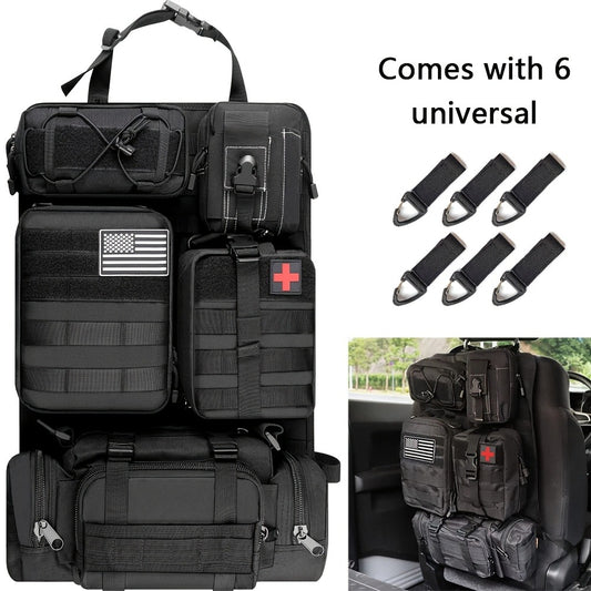 MOLLE Car Seat Back Organizer - 5 Detachable Pouches, 6 Keychains, Tactical Vehicle Panel Organizer for Jeep Truck SUV, Multipurpose Hanging Travel Gear Organizer, Universal Fit, Black