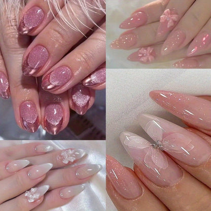 Ice Pink Almond Press On Nails 96 Pieces 4 Packs – Gradient Flower Butterfly Glossy Full Cover False Nails for Women Girls | Shiny Nail Tips Daily Wear Spring Summer Bridal Wedding Nail Art Kit