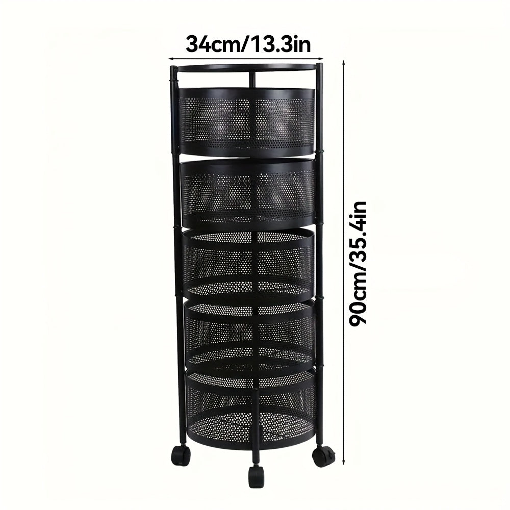 Round-Basket Rolling Storage Rack with Four or Five Mesh Levels, Caster Base and Black or White Finish