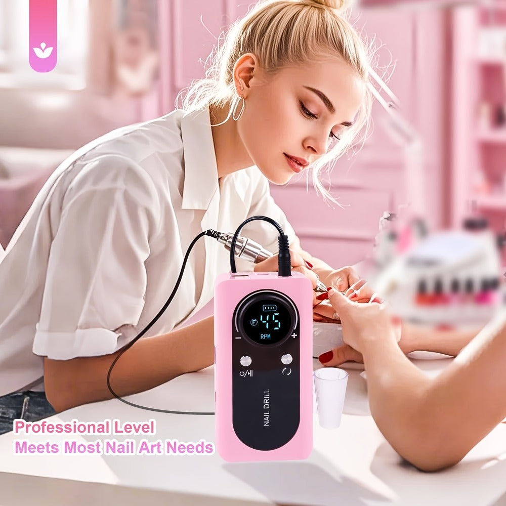 Nail Drill 45000 RPM LCD Display Adjustable Speed Cordless Electric Nail File Low Noise Manicure Machine Buffing Polishing Tool Set for Salon Home Women Nail Techs Pink White Purple