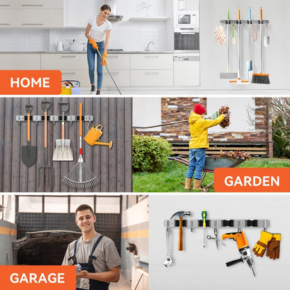 Two-Pack Wall-Mounted Broom and Mop Holders with Four Grip Racks, Five Hooks and Exact Configuration