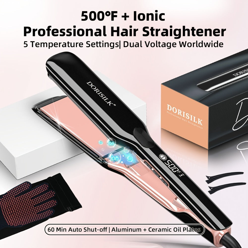 Plasma Ionic Hair Straightener Flat Iron 500°F with PTC Ceramic Oil Plates, LCD Display & 60-Min Auto Off — Frizz Control Professional Flat Iron for All Hair Types, 1" & 1.77" Plates