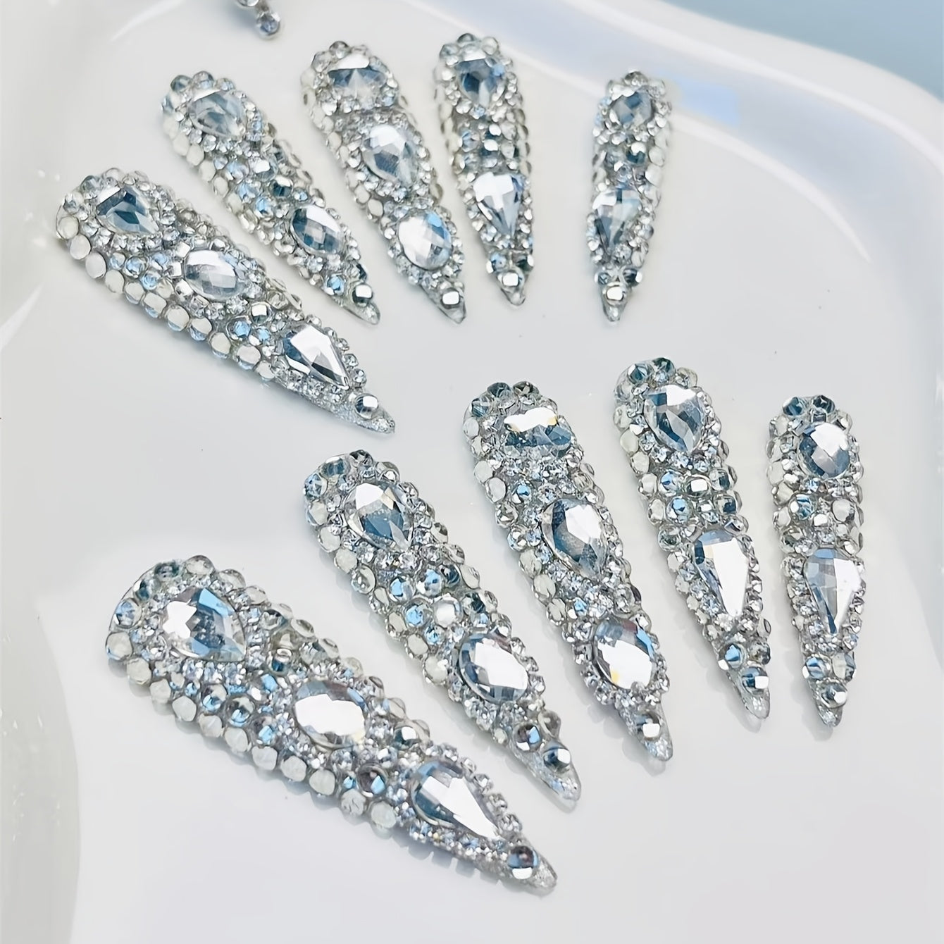 Rhinestone Press On Nails Kit 10pcs Extra Long Almond – Handmade Y2K Silvery Glam Fake Nails with Nail Tools, Stickers & Charms for Women, Party, Christmas, DIY Salon Nail Art Set