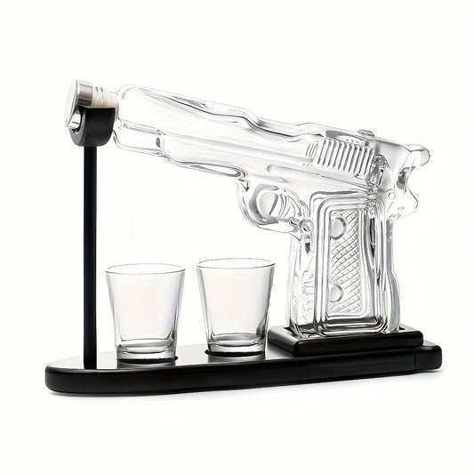 Whiskey Gun Decanter Set 10oz with 2 Bullet Shot Glasses & Wooden Stand, Handgun Shaped Liquor Decanter for Home Bar, Unique Novelty Gift for Men, Dad, Birthday & Valentine's Day