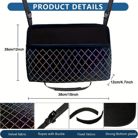 Rhinestone Car Seat Back Organizer & Purse Holder – Bling Crystal Handbag Hanger for Women, Pet Barrier for Dogs & Kids, Universal SUV Truck Car Accessories Gift for Girls
