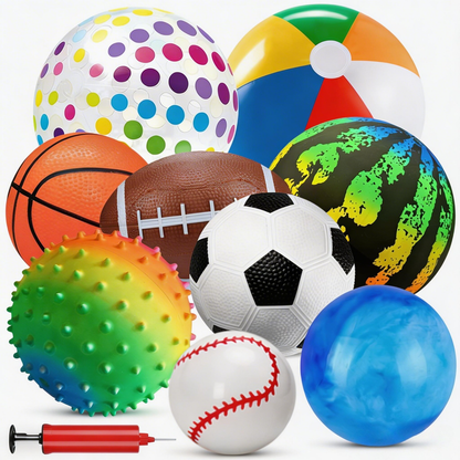 Nine-Piece Kids Playground Ball Set with Air Pump and Assorted Indoor or Outdoor Sports Ball Designs
