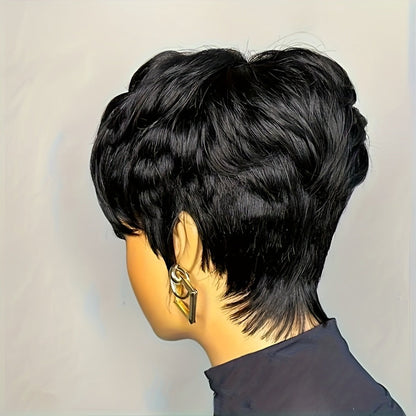 Human Hair Pixie Cut Wig with Bangs Glueless 180% Density Straight Black 6 Inch Rose Net Cap Machine Made Wig for African American Women
