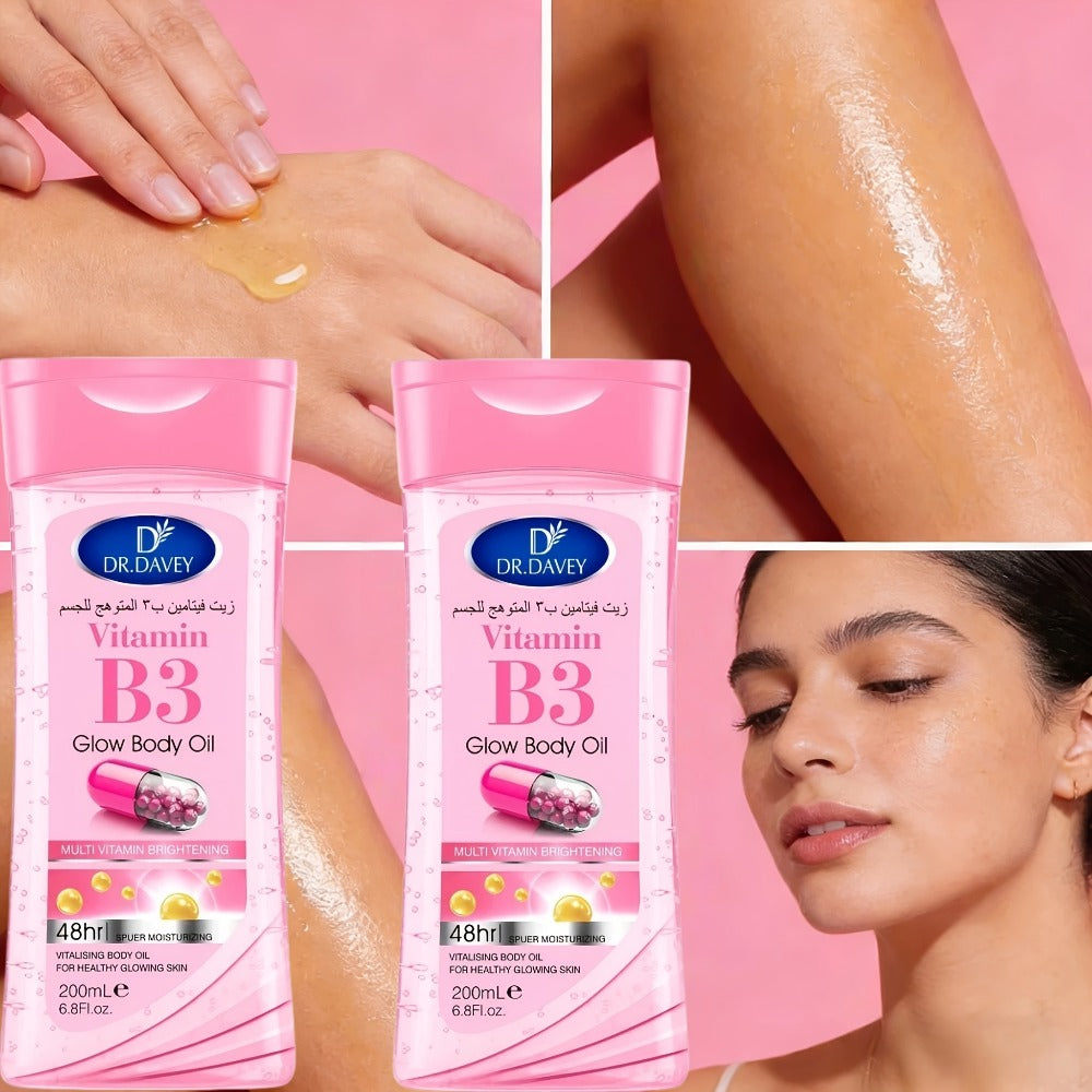 Vitamin B3 Body Oil, Two-Piece Set of 200ml Flip-Top Bottles with Coordinated Pink Niacinamide Labels