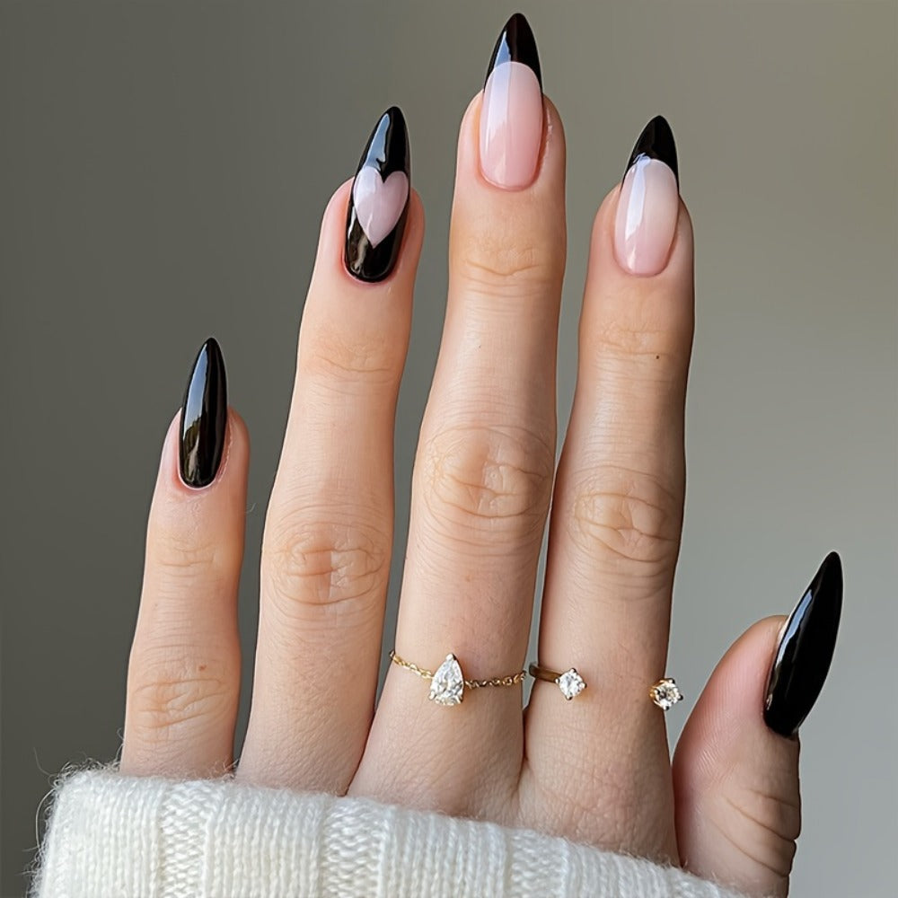 Press On Nails 144-Piece Short Almond Set with Pink Flowers, Rhinestones, Black French Tips and Glue