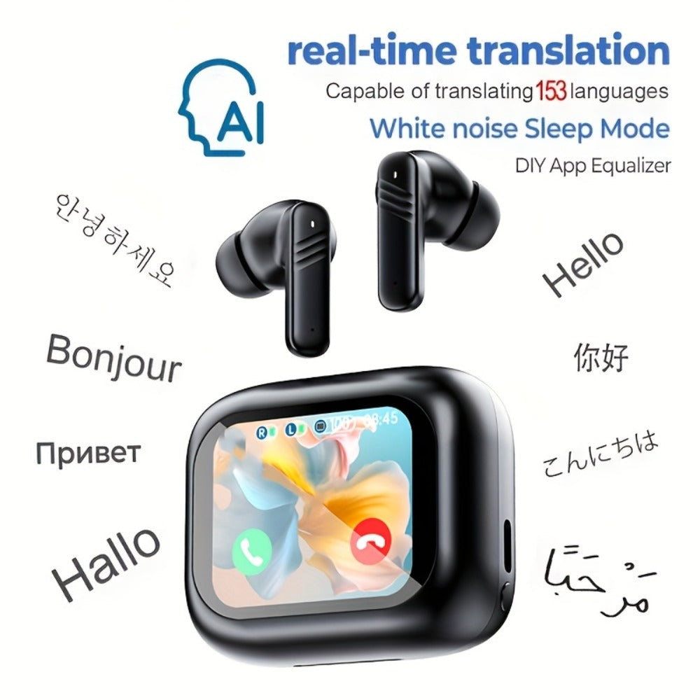 In-Ear AI Translation Earbuds with Color Screen Charging Case in Black or White Finish Options