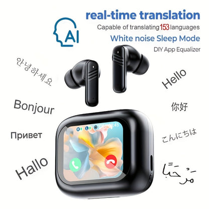 In-Ear AI Translation Earbuds with Color Screen Charging Case in Black or White Finish Options