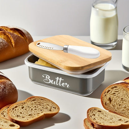 Black, Grey or Green Metal Butter Dish with Bamboo Lid, White-Handle Knife and 15.6 x 10.9 x 6 cm Size